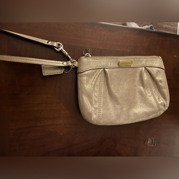 Coach Champagne Gold Shimmer Signature Leather Wristlet - Picture 1 of 8